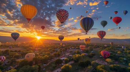 Obraz premium a hot air balloon festival at sunrise, balloons of various colors filling the sky