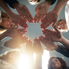 Hands, circle and teamwork for business people, low angle and corporate for solidarity in...