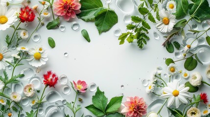 bright top-view floral background with floating plants in minimalistic design,