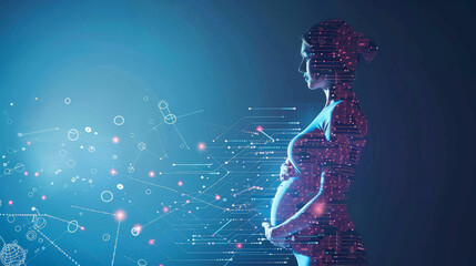A pregnant woman surrounded by digital elements, symbolizing the intersection of technology and pregnancy, possibly representing advancements in prenatal technology or health.