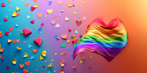 Fototapeta premium A rainbow flag with a heart on it is surrounded by a bunch of hearts