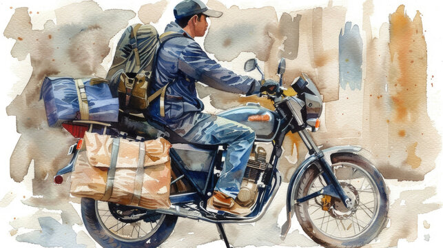 A man in a blue jacket and cap is painting the side of a blue bus