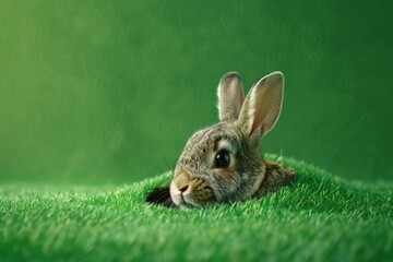 A rabbit is peeking out of a hole in the grass