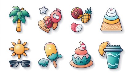 Set of icons depicting summer vacations. Icons depicting waves, sun, ice cream and summer mood