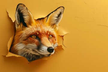 A fox is peeking out of a hole in a wall