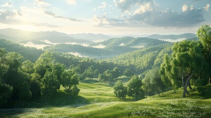 Fototapeta premium a peaceful countryside with rolling hills and soft sunlight, natural and relaxing