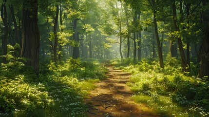 a quiet forest path with dappled sunlight and soft shadows, peaceful and inviting