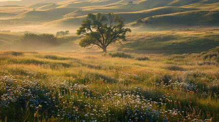 A field of grass with a tree in the middle. The sky is a mix of orange and pink