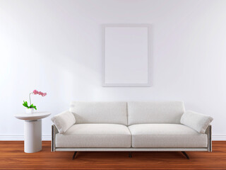 Modern Living Room Wall Poster Frame Mockup with Sofa. 3D Render