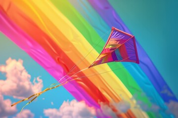 A rainbow kite is flying in the sky