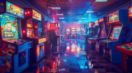 a retro arcade with vintage games and modern players, colorful and dynamic