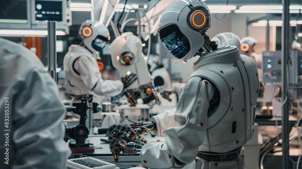 Poster a robots are standing in a laboratory room. they are all white and have a robotic appearance