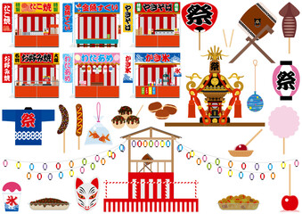 日本のお祭りのアイテムイラストセット