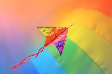 A colorful kite is flying in the sky with a rainbow background