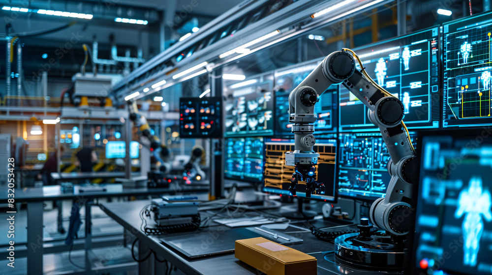 Poster a robot automation arm in front of a computer monitor. the robot is surrounded by several computer m