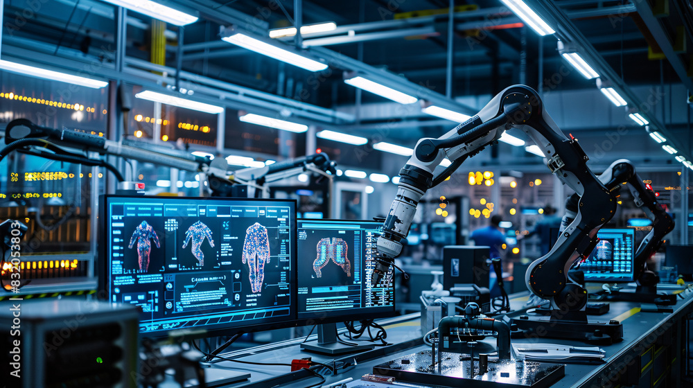 Poster a robot automation arm in front of a computer monitor. the robot is surrounded by several computer m