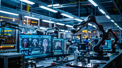 Fototapeta premium A robot automation arm in front of a computer monitor. The robot is surrounded by several computer monitors. Concept of technology and innovation