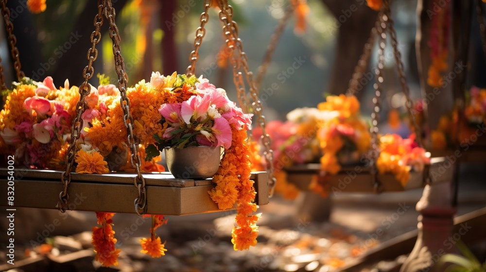 Canvas Prints close-up of beautifully decorated swings adorned with flowers for teej festival