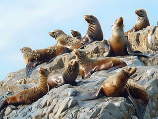 Sun-drenched sea lions lounge on rocks near the shore, basking in the coastal sunlight together.