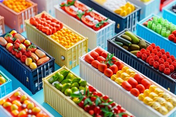 A colorful display of fruits and vegetables in a variety of containers