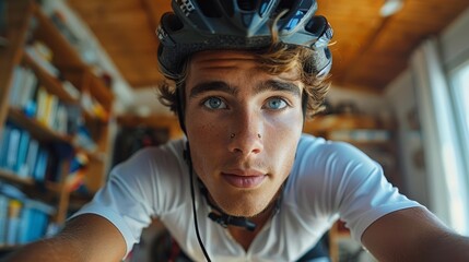 Cyclist in a white shirt and helmet looks directly at the camera, ready for a biking adventure