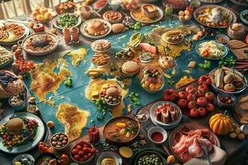 A table full of food with a map of the world in the background