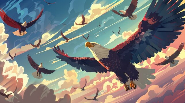 Cartoon eagles soar through the sky, carrying banners that proclaim liberty and justice for all on Independence Day