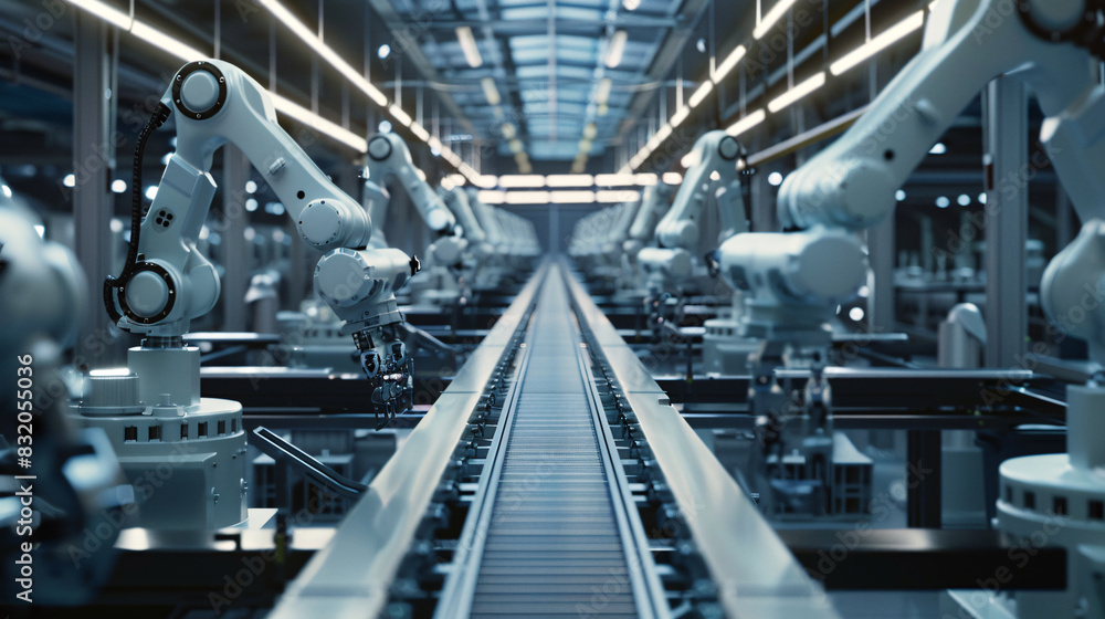 Poster a factory with many robots on a conveyor belt