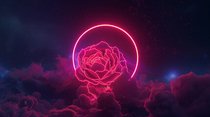 Dark night sky cloud highlighted by an electric rose neon light ring, 3D widescreen,