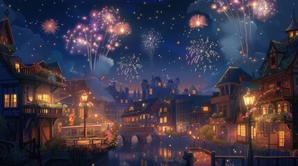In a whimsical cartoon town, fireworks light up the night sky as residents celebrate Independence Day with joy and enthusiasm