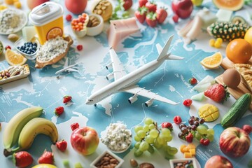 Fototapeta premium white airplane is on a map of the world with a variety of fruits