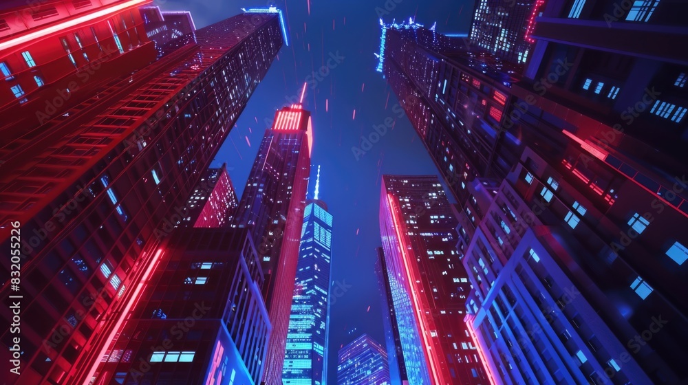 Wall mural in an animated metropolis, skyscrapers light up with red, white, and blue lights to honor independen