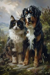 Captivating Feline and Loyal Canine Companions in Serene Natural Setting