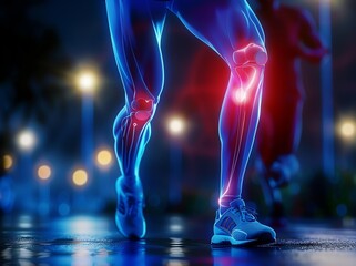 Runner with highlighted knee pain, depicting sports injury and joint examination during night run on wet pavement with blurred background.