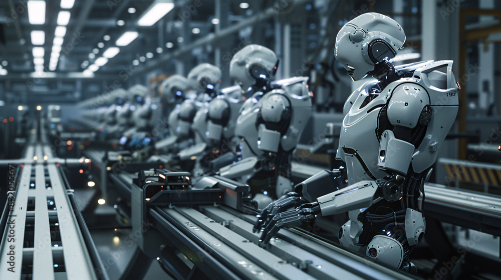 Poster a group of robots are working on a conveyor belt. the robots are all white and are lined up in a row