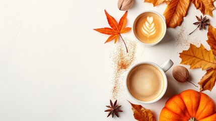 top view of autumn and thanksgiving concept  frame, filled with pumpkins, maple leafs, almonds, pumpkin spice late, powdered sugar and flour on white background. copy space, place for text