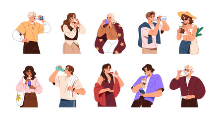 People drink different beverages set. Diverse men and women quench thirst with bottle of cool water, cocktails, juices. Characters hold cups of coffee, tea. Flat isolated vector illustrations on white