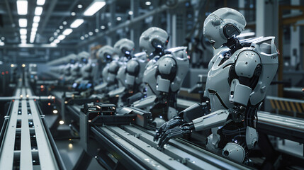 A group of robots are working on a conveyor belt. The robots are all white and are lined up in a row