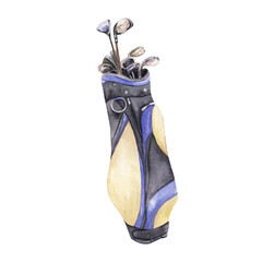 Golf leather bag with clubs.