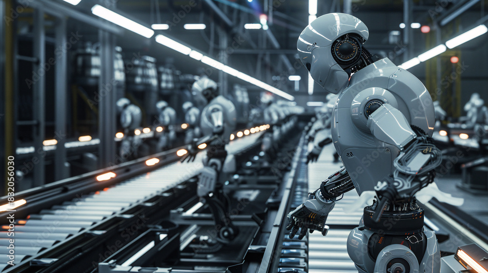Poster a group of robots are working on a conveyor belt. the robots are all white and are lined up in a row