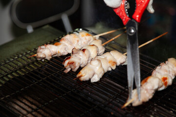 View of the chicken skewers on the grill