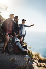 Nature, pointing and friends in mountain for hiking, adventure and natural environment in Canada. People, trekking and walking outdoor to explore, experience and hikers relax with peace together