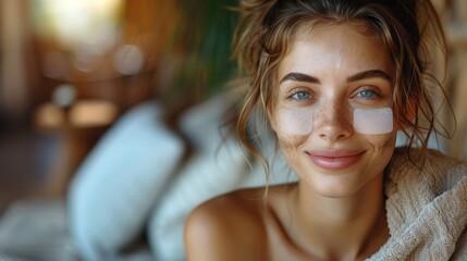 A woman smiles warmly with under-eye skincare patches, reflecting a relaxed and comfortable beauty routine - Powered by Adobe