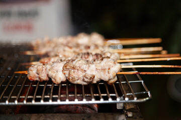 View of the chicken skewers on the grill