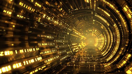 Abstract digital tunnel with glowing binary code in golden colors, representing futuristic technology, data transfer, and virtual reality.