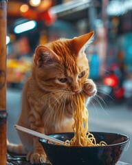 Cute ginger cat eating ramen noodles from ramen bowl