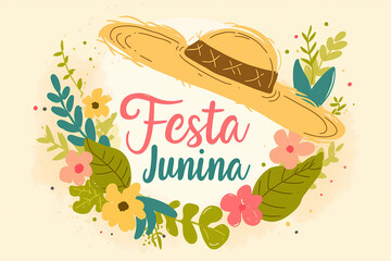 Illustration of Festa Junina celebration with a straw hat and colorful flowers on a beige background. Festive and cultural theme. Design for print, poster, and greeting card.