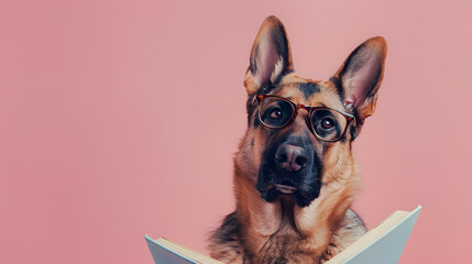 Obraz premium German Shepherd dog wearing glasses while reading a book in pastel background. creative concept