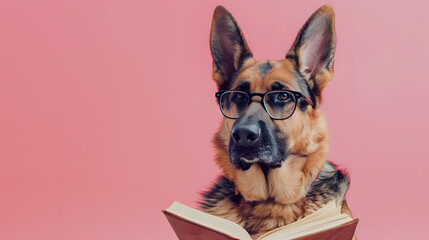 German Shepherd dog wearing glasses while reading a book in pastel background. creative concept