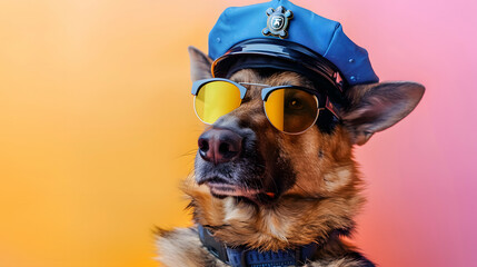 German Shepherd dog wearing police hat and sunglasses in pastel background. creative concept